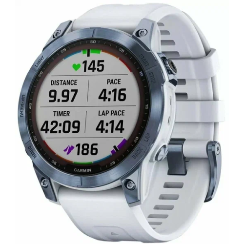 Часы Garmin Fenix 7 Sapphire Solar, синий титан с белым силиконом 010-02540-25