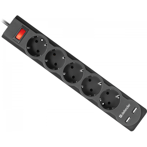 Сетевой фильтр Defender DFS 751 1.8 m, 5 роз, 2 USB 2.1A (99751)