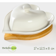 Маслёнка BellaTenero «Эстет.Сердце» 17×12.5×8см на бамбуковой подставке фарфор белая 4177815