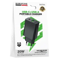 СЗУ Borofone BAS74A 1USB+1TypeC 3.0A QC3.0 PD20W Black
